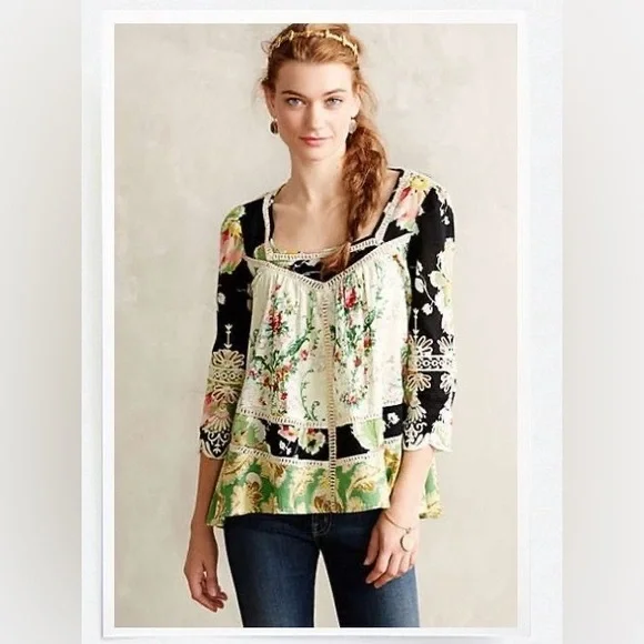 Anthropologie Vanessa Virginia Prateria Boho Baby Doll Swing Top Tunic Sz. 12 - Picture 3 of 13